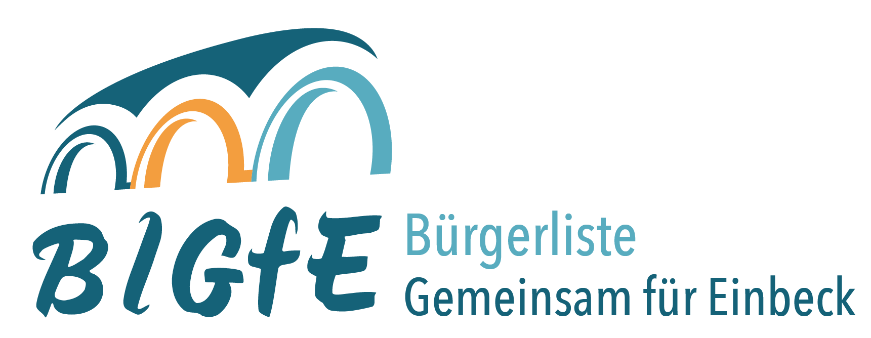 BlGfE-Logo-lang Logo der Bürgerliste Gemeinsam für Einbeck mit Schriftzug und stilisierten Fachwerk-Bögen in Petrolblau und Orange.