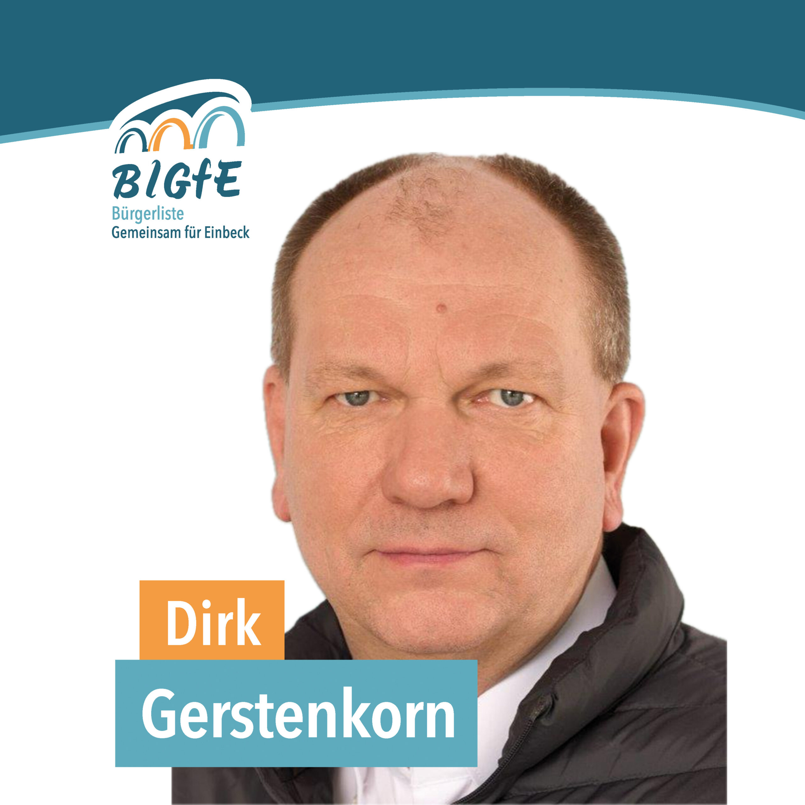 Porträtaufnahme von Dirk Gerstenkorn mit BlGfE-Logo, Namensschriftzug im Bild.